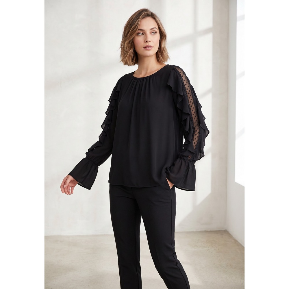 Loft XS S Top Womens Black Dotted Lace Ruffle Boho Whimsigoth Party Glam Chic